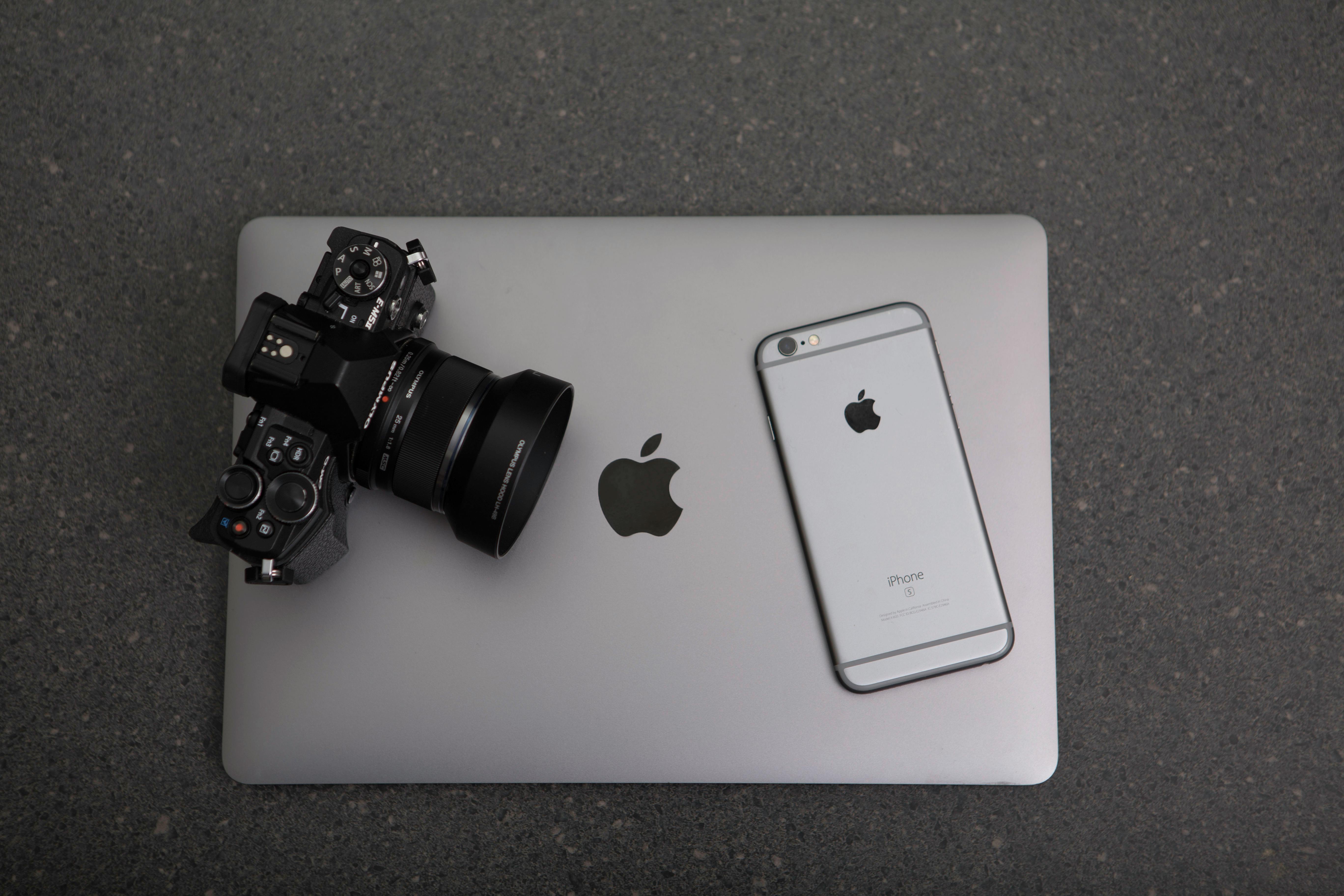 Apple Studio Display on a minimalist wood desk with a plant.